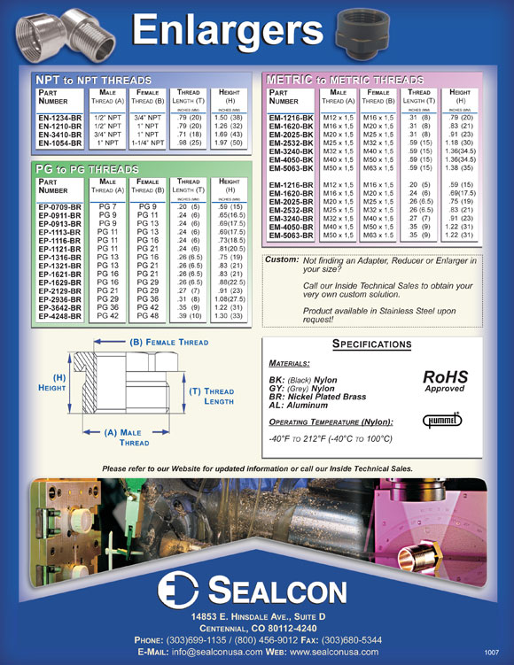 Sealcon - Thread Enlargers, NPT to NPT Threads, Metric to Metric Threads, PG to PG Threads, RoHS Complaint Approved