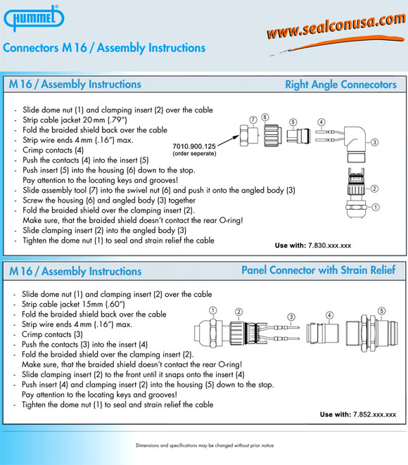 M16 Signal Connector, Assembly Instructions, Panel Connector with Strain Relief, Right Angle Connectors, HUMMEL, Sealcon, Circular Connector Catalog 2006, Page 24