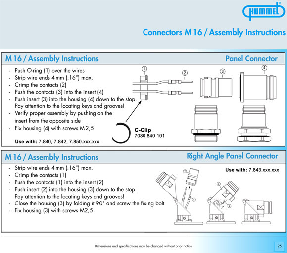 M16 Signal Connector, Assembly Instructions, Panel Connector, Right Angle Panel Connectors, HUMMEL, Sealcon, Circular Connector Catalog 2006, Page 25