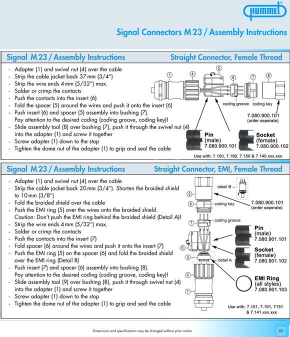 Signal Connectors, Assembly Instructions, Straight Connector, Female Thread, EMI, Hummel Sealcon, Circular Connector Catalog 2006, Page 53