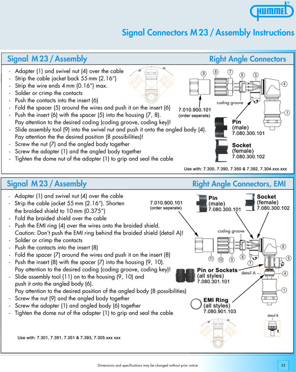 Signal Connectors, Assembly Instructions, Right Angle Elbow Connector, Female Thread, EMI, Hummel, Sealcon, Circular Connector Catalog 2006, Page 55