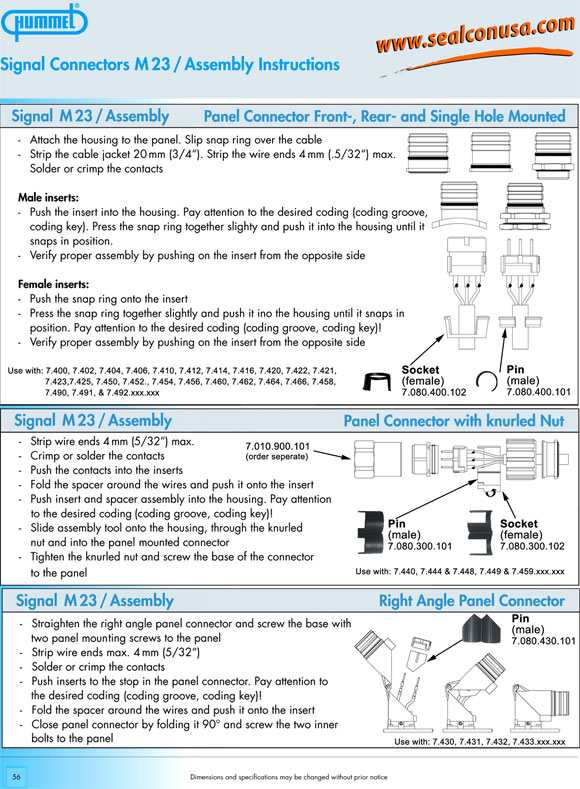 Signal Connectors, Assembly Instructions, Panel Connector, Front & Rear Mount, Single Hole Mounted, Male Insert, Female Insert, Panel Connector with Knurled Nut, Right Angle Panel Connector Swivel Connector, Hummel, Sealcon, Circular Connector Catalog 2006, Page 56