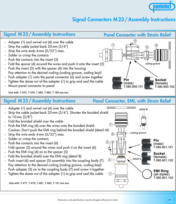 Signal Connectors, Assembly Instructions, Panel Connector with Strain Relief, EMI, Hummel, Sealcon, Circular Connector Catalog 2006, Page 57