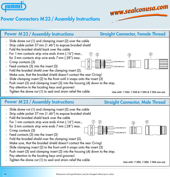 Power Connector, Assembly Instructions, Straight Connector, Female Thread and Male Thread, Hummel, Sealcon, Circular Connector Catalog 2006, Page 74