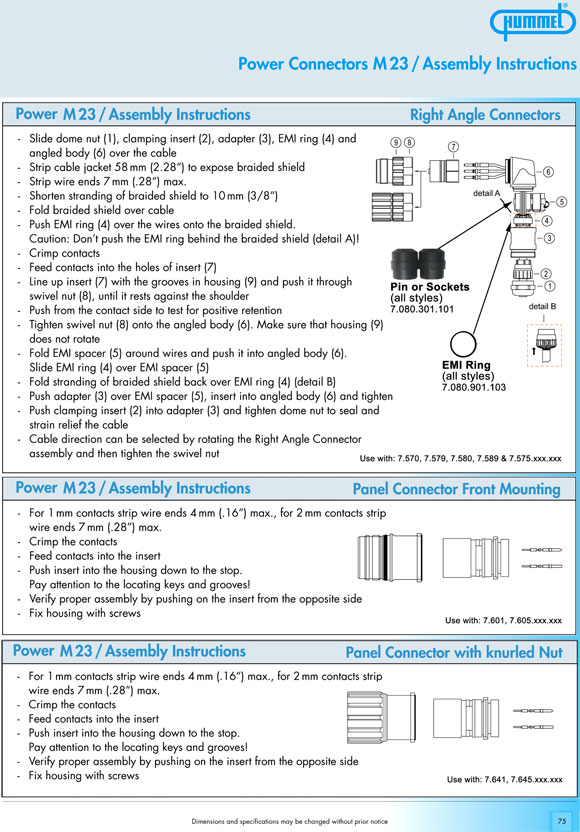 Power Connector, Assembly Instructions, Right Angle Connectors, Panel Connector Front Mounting, Panel Connector with Knurled Nut, Hummel, Sealcon, Circular Connector Catalog 2006, Page 75