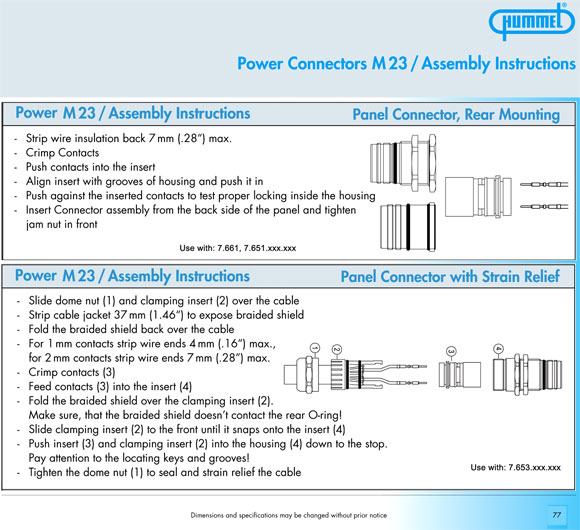 Power Connector, Assembly Instructions, Panel Connector, Rear Mounting, Panel Connector with Strain Relief, Hummel, Sealcon, Circular Connector Catalog 2006, Page 77