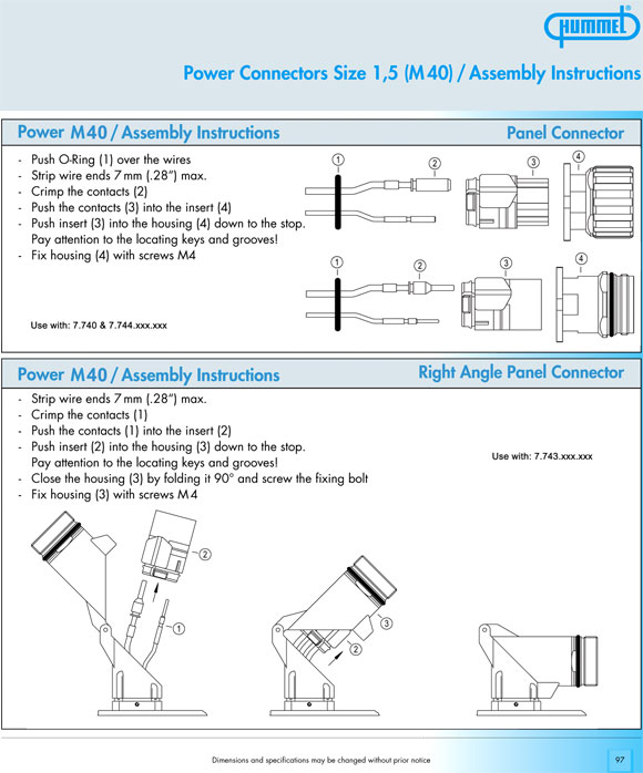 M40 Power Connector, Assembly Instructions, Panel Connector, Right Angle Panel Connector, Male & Female Thread, M40, Size 1,5, Hummel, Sealcon, Circular Connector Catalog 2005, Page 97