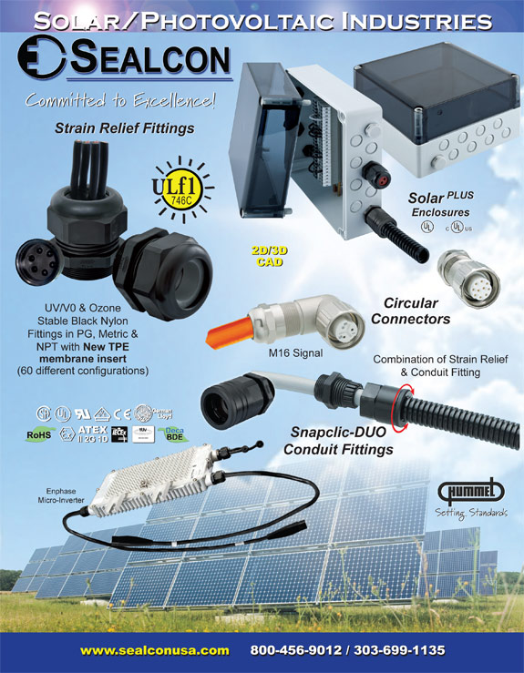 Solar Flyer, Wind Flyer, Solar Solutions, Solar Data Sheet, Solar Enclosure, Interchangeable Inserts, Inserts, M16, M16 Connector, M16 Connectors, M16 Circular Connector, M16 Circular Connectors, M16 Signal, M16 Signal Connector, M16 Signal Connectors, M16 Signal Circular Connector,  M16 Signal Circular Connectors, Liquid Tight, Strain Relief, Strain Reliefs, Strain Relief Fittings, Strain Relief Bushings, Cord Grip, Cord Grips, Cable Gland, Cable Glands, Page 2, Sealcon, Hummel