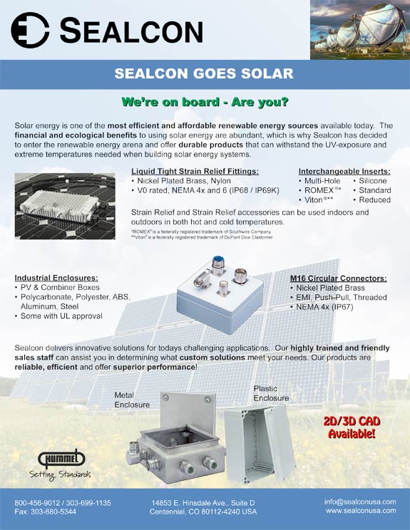 Solar Flyer 2009, Front Cover, Solar Data Sheet, Sealcon Benefits, Hi-Tech Controls Solar Cable, Solar Cable, Solar Enclosure, Interchangeable Inserts, Inserts, M16, M16 Connector, M16 Connectors, M16 Circular Connector, M16 Circular Connectors, M16 Signal, M16 Signal Connector, M16 Signal Connectors, M16 Signal Circular Connector,  M16 Signal Circular Connectors, Liquid Tight, Strain Relief, Strain Reliefs, Strain Relief Fittings, Strain Relief Bushings, Cord Grip, Cord Grips, Cable Gland, Cable Glands, Page 1, Sealcon, Hummel