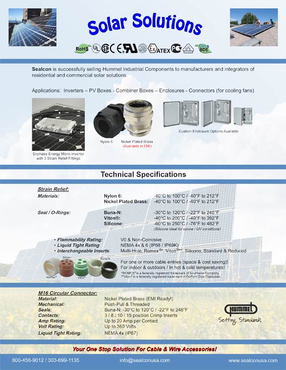 Solar Flyer 2009, Solar Solutions, Solar Data Sheet, Solar Enclosure, Interchangeable Inserts, Inserts, M16, M16 Connector, M16 Connectors, M16 Circular Connector, M16 Circular Connectors, M16 Signal, M16 Signal Connector, M16 Signal Connectors, M16 Signal Circular Connector,  M16 Signal Circular Connectors, Liquid Tight, Strain Relief, Strain Reliefs, Strain Relief Fittings, Strain Relief Bushings, Cord Grip, Cord Grips, Cable Gland, Cable Glands, Page 2, Sealcon, Hummel