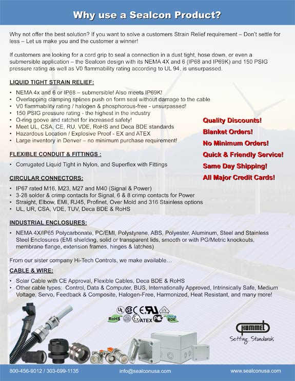 Solar Flyer 2009, Liquid Tight, Strain Relief, Strain Reliefs, Strain Relief Fittings, Strain Relief Bushings, Cord Grip, Cord Grips, Cable Gland, Cable Glands, Flexible Conduit, Conduit Fittings, Corrugated Conduit, Superflex Conduit, Circular Connectors, Connectors, Industrial Enclosures, Enclosures, Cable, Wire, Cables, Wires, Page 3, Sealcon, Hummel