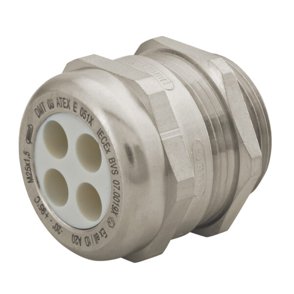 Ex-e 3/8" NPT Nickel Plated Brass Multi-Hole (3 Hole) Dome Cable Gland | Cord Grip | Strain Relief CD09N7-MX
