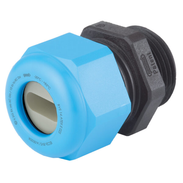 NPT 1/2" (16) Blue/Black Fiberglass Reinforced Polyamide High Impact / DIV Rated Flat Cable Dome Cable Gland | Cord Grip | Strain Relief CD16NS21-BXI