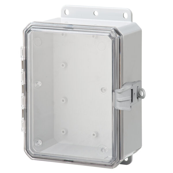 Polycarbonate Enclosure 8" x 6" x 3" | Low Profile Hinged Clear Cover Non-Metallic Latch | SP8063LPCNL