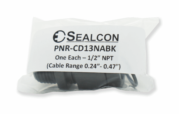 1/2" NPT Black Nylon Standard Dome Cable Gland | Pre-Packaged with Locking Nut O-Ring | PNR-CD13NABK