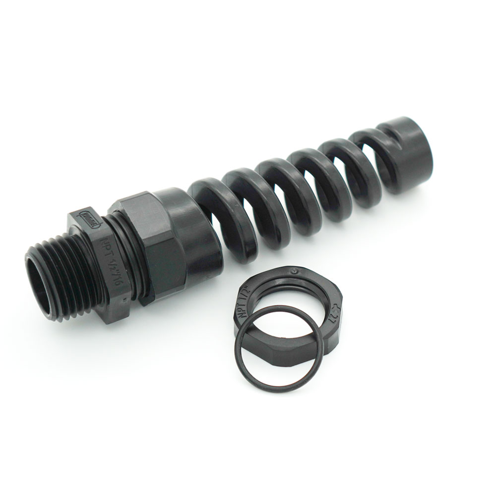 1/2" NPT Black Nylon Standard Flex Cable Gland | Pre-Packaged with Locking Nut O-Ring | PNR-CF16NABK